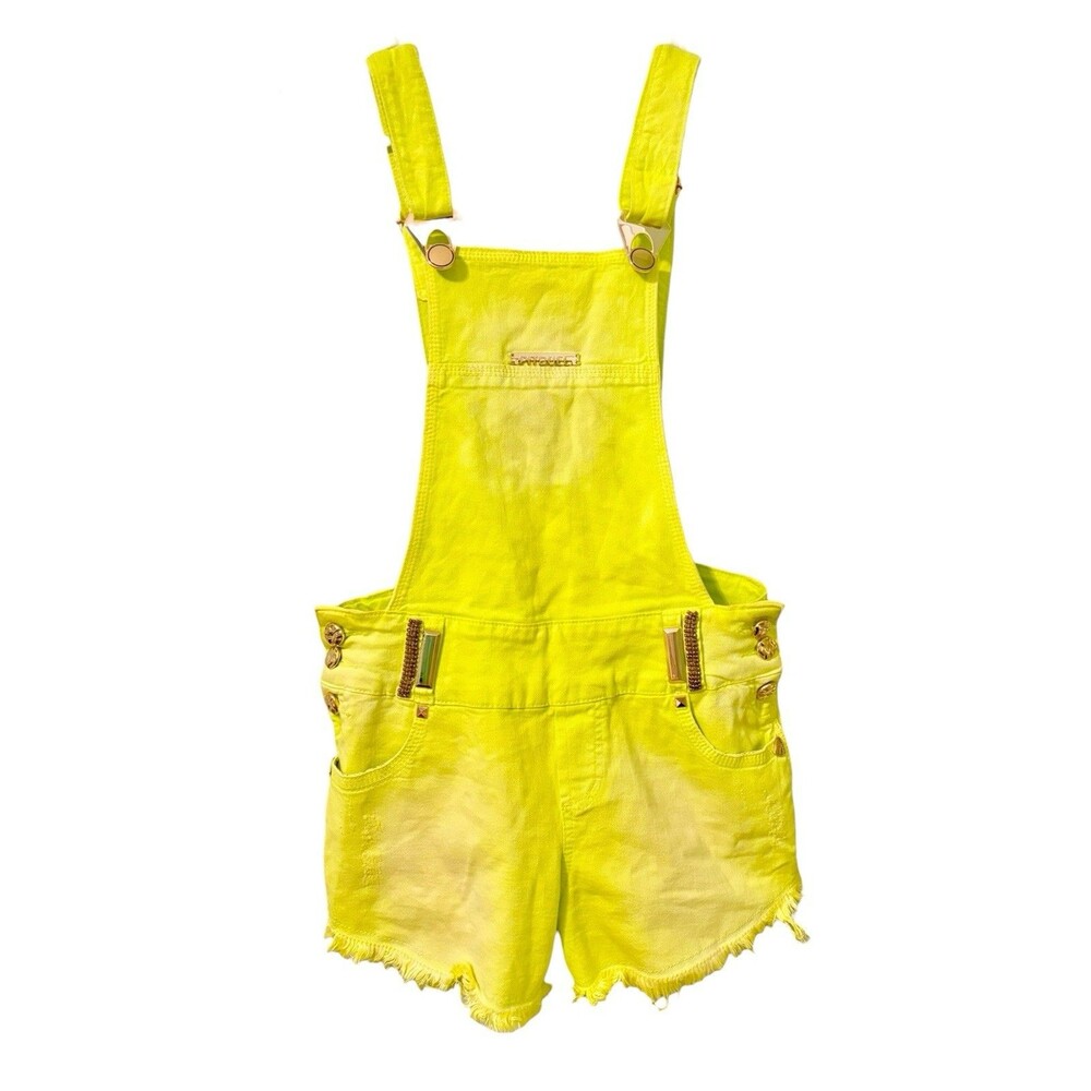 PITBULL Brazil Denim Short Overall Butt Lifter Sexy Bright Green Colorful Sz 4-6